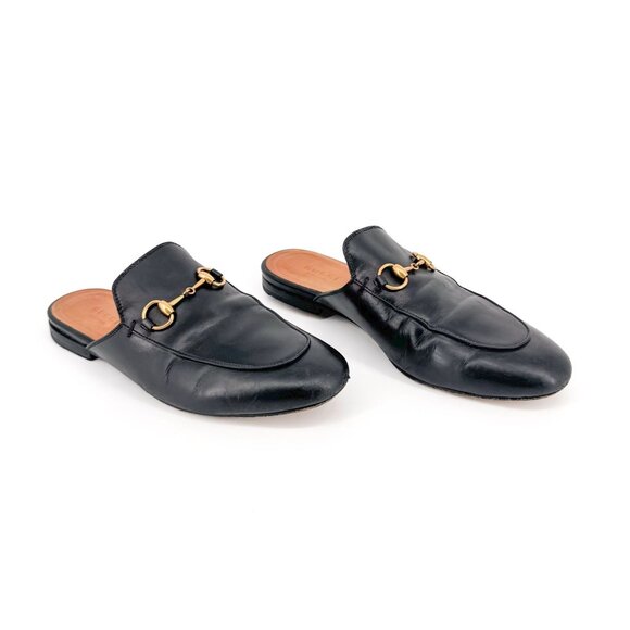 Gucci Princetown Black Leather Horsebit Loafer Mule Flats Size 37 US 7 Women's - Picture 1 of 15